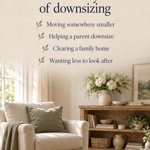 May include: A beige armchair with a green throw blanket and pillow, next to a wooden console table holding a ceramic vase with white flowers, books, and a woven basket. Text reads: Made for every kind of downsizing, Moving somewhere smaller, Helping a parent downsize, Clearing a family home, Wanting less to look after.