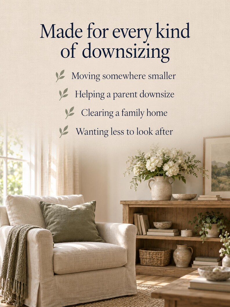 May include: A beige armchair with a green throw blanket and pillow, next to a wooden console table holding a ceramic vase with white flowers, books, and a woven basket. Text reads: Made for every kind of downsizing, Moving somewhere smaller, Helping a parent downsize, Clearing a family home, Wanting less to look after.