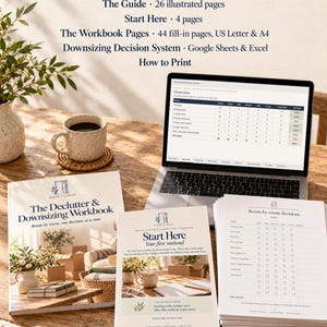 May include: A digital decluttering and downsizing workbook set including a 26-page guide, 4-page start guide, 44 fill-in workbook pages, and a digital decision system. The set features printed documents, a laptop displaying a spreadsheet, and text.