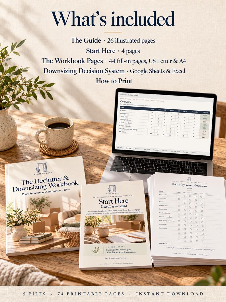 May include: A digital decluttering and downsizing workbook set including a 26-page guide, 4-page start guide, 44 fill-in workbook pages, and a digital decision system. The set features printed documents, a laptop displaying a spreadsheet, and text.