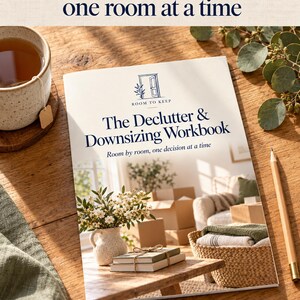 May include: A printable workbook titled The Declutter & Downsizing Workbook with the subtitle Room by room, one decision at a time. The cover features an illustration of a room with a vase of flowers, books, and a woven basket. Text includes US Letter & A4.
