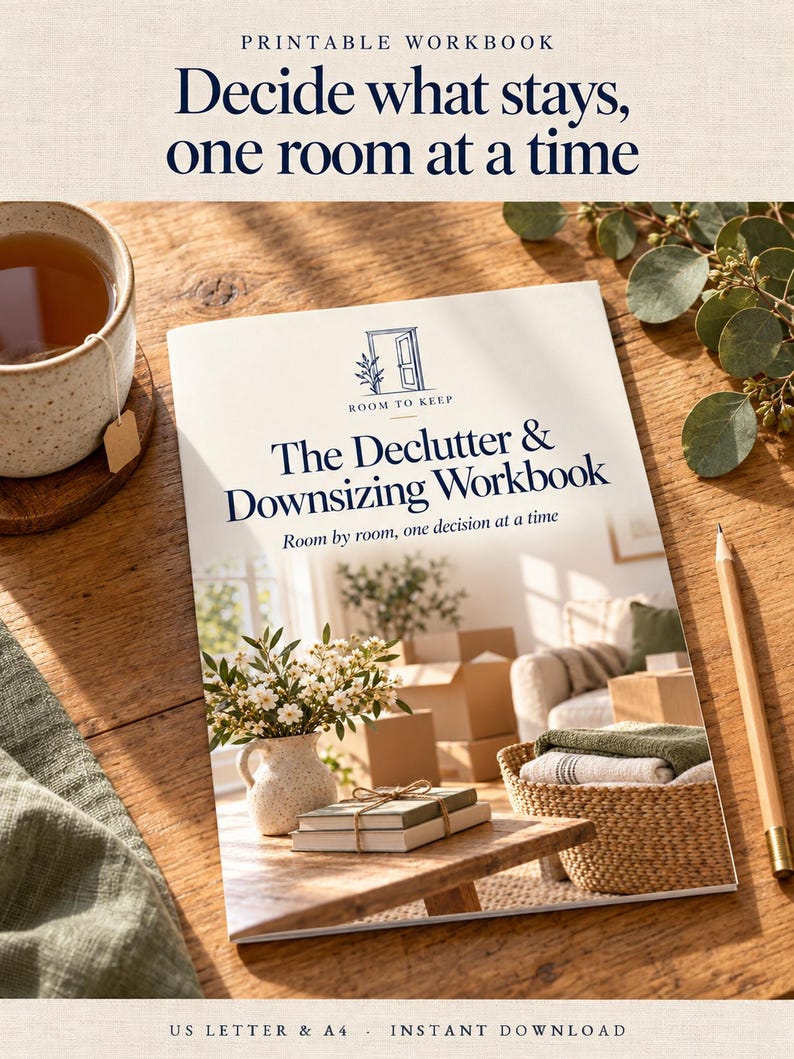 May include: A printable workbook titled The Declutter & Downsizing Workbook with the subtitle Room by room, one decision at a time. The cover features an illustration of a room with a vase of flowers, books, and a woven basket. Text includes US Letter & A4.