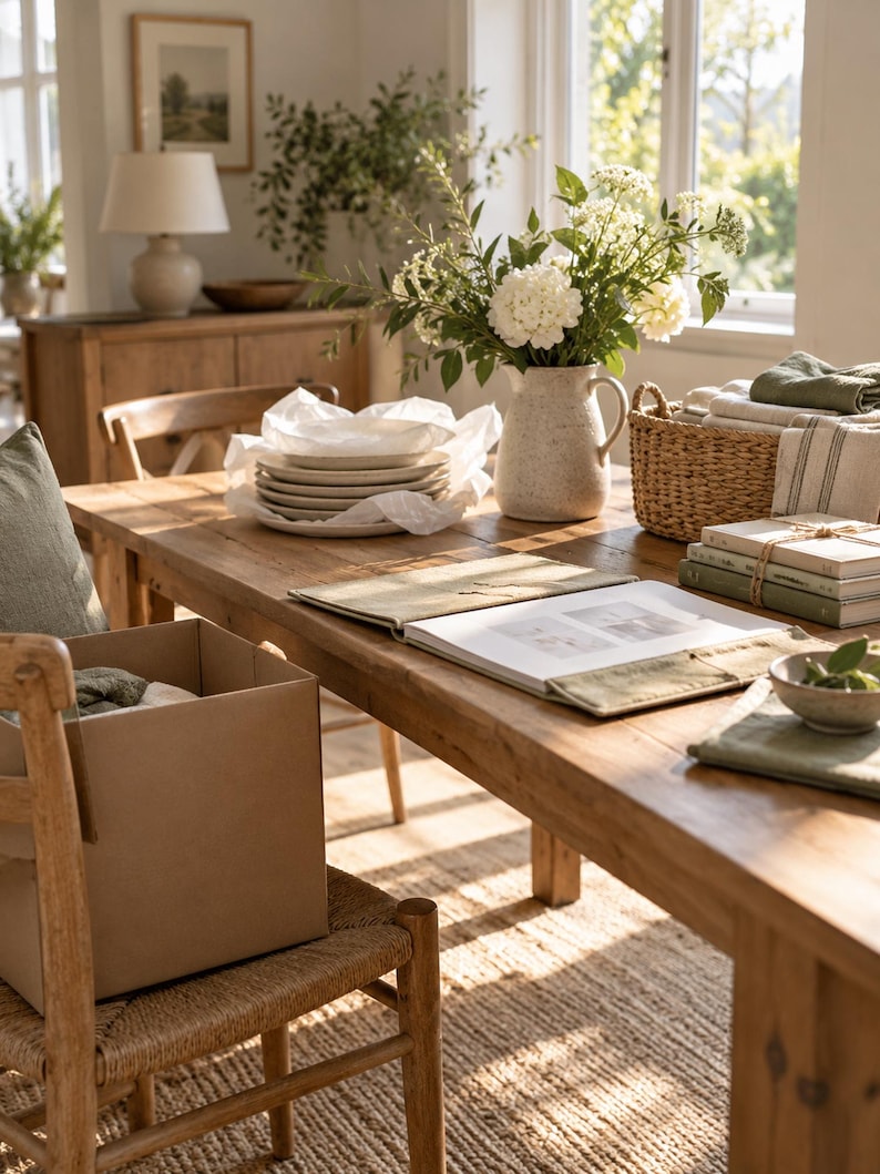 May include: A wooden dining table holds a stack of white plates, a ceramic pitcher with white flowers, a woven basket with linens, a stack of books tied with twine, and an open book with a green fabric cover. A chair with a box sits nearby.