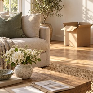 Könnte beinhalten: Ein beiges Sofa mit einem grünen Kissen und einer strukturierten Decke, ein hölzerner Couchtisch mit einer weißen, gesprenkelten Vase mit weißen Blumen, einer kleinen grünen Schale und einem offenen Ordner, mit einem Karton im Hintergrund.