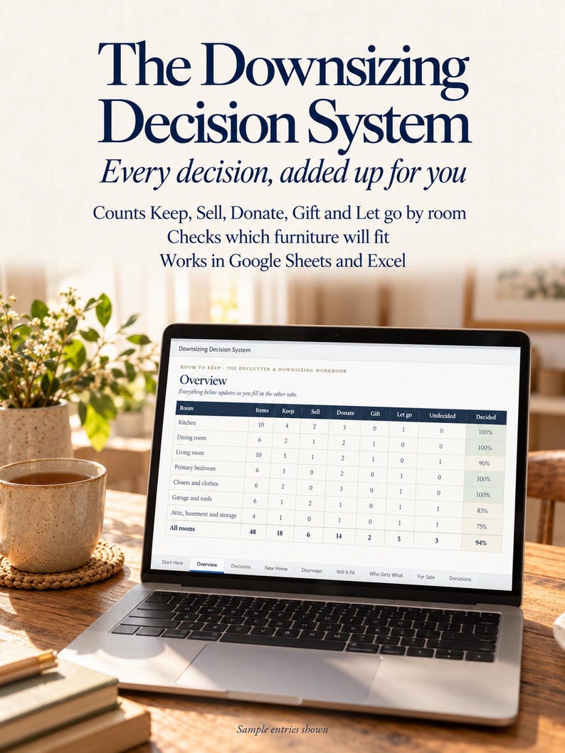 May include: A laptop displaying The Downsizing Decision System spreadsheet, an organizational tool for tracking items to keep, sell, donate, gift, or discard by room. The screen shows an overview table with columns for room categories and decision totals.