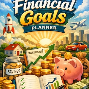 May include: A Financial Goals Planner book cover illustration featuring a rocket, airplane, house, car, stacks of gold coins, a piggy bank with a dollar coin, a savings jar, a calculator, and an open notebook with a bar graph and checkmarks.