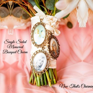 Single - Sided Wedding Memorial Bouquet Charm - Oval - Personalized with Photo - Antique Silver or Bronze - Gift for the Bride