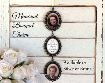 SALE! Three Single - Sided Wedding Memorial Bouquet Charms - Personalized with Photo - Antique Silver or Bronze - Gift for the Bride