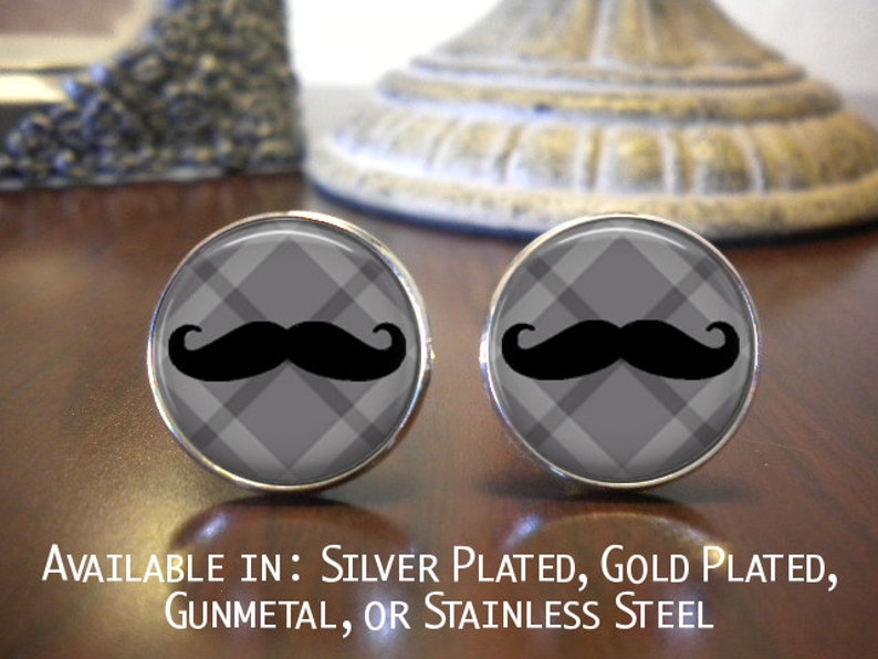 SALE Wedding Cufflinks Mustache Cuff Links Groomsman Cufflinks Plaid with Black Mustache