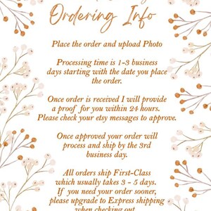 a text-based ordering information for an e-commerce platform, providing instructions for placing an order and receiving a proof for the order within 24 hours. The text is presented in a clear and organized manner, with instructions for the processing time, approval, and shipping details.