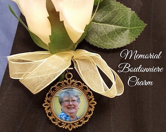 SALE! Memorial Boutonniere Charm - Double-sided round - Personalized with Photo - Antique Silver or Bronze