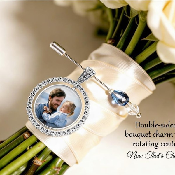 Personalized Memorial Bouquet Charm – Double Sided Rotating - Photo - Gift for Bride - wedding