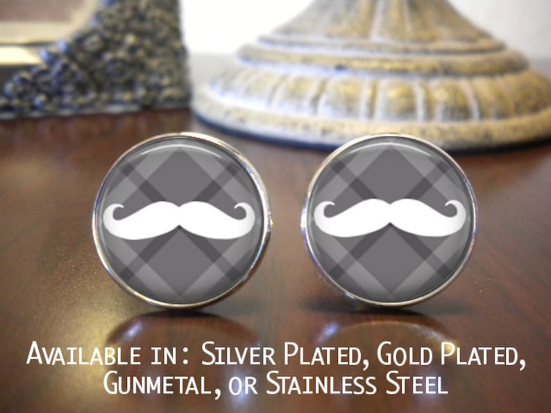 SALE Wedding Cufflinks Mustache Cuff Links Groomsman Cufflinks Plaid with Black Mustache