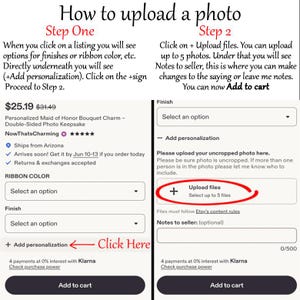 The image is a screenshot of a mobile app interface that allows users to upload photos. It displays two steps for uploading a photo, with instructions and options for customization.