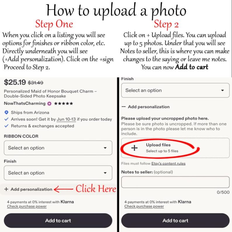 The image is a screenshot of a mobile app interface that allows users to upload photos. It displays two steps for uploading a photo, with instructions and options for customization.