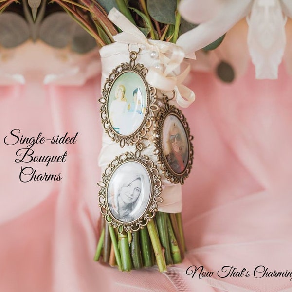 SALE! Single - Sided Wedding Memorial Bouquet Charm - Oval - Personalized with Photo - Antique Silver or Bronze - Gift for the Bride