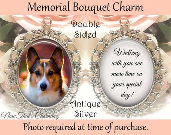 SALE! Memorial Bouquet Charm - Double-Sided Oval - Pet Memorial - Personalized with Photo - Walking with you one more time