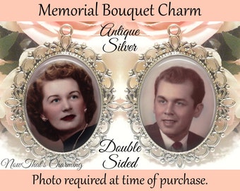 SALE! Memorial Bouquet Charm - Double-Sided Oval - Personalized with Photo - Antique Bronze or Silver - Gift for the Bride