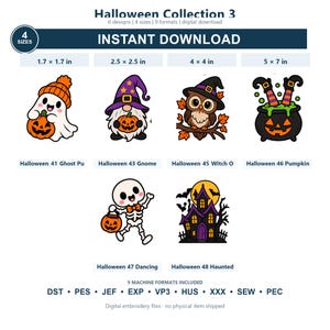 Könnte beinhalten: Digitale Stickdateien-Kollektion mit sechs Halloween-Motiven: Geist, Gnom, Eule, Kessel, Skelett und Spukhaus. Enthält 4 Größen von 4,3 x 4,3 cm bis 12,7 x 17,8 cm sowie 9 verschiedene Maschinenformate für die Stickmaschine.