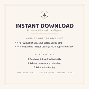May include: A digital download information graphic featuring a download icon, the text INSTANT DOWNLOAD, and details regarding 14 pages in PDF and PNG formats at 300 DPI. Includes instructions on how to purchase, download, and print at home.