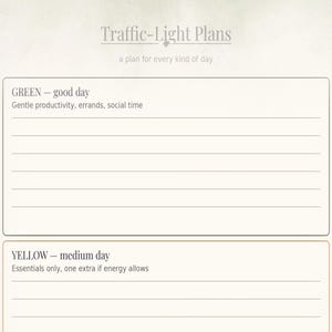 May include: A planner page titled Traffic-Light Plans, a plan for every kind of day. It features a green section for good days with space for gentle productivity, errands, and social time, and a yellow section for medium days with space for essentials.