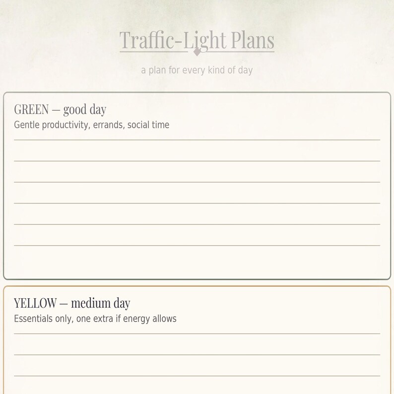 May include: A planner page titled Traffic-Light Plans, a plan for every kind of day. It features a green section for good days with space for gentle productivity, errands, and social time, and a yellow section for medium days with space for essentials.