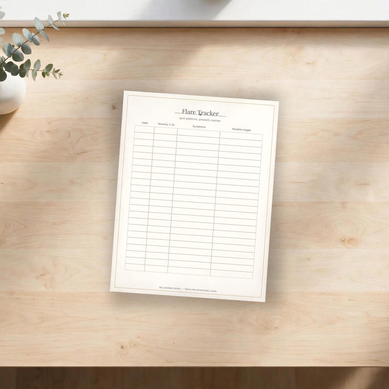 May include: A white paper Flare Tracker form with a grid layout featuring columns for Date, Severity 1-10, Symptoms, and Possible Trigger. The document includes the text Flare Tracker at the top and small text at the bottom.