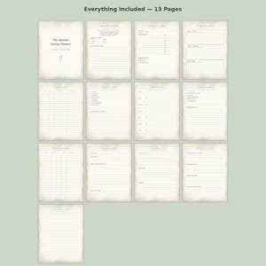 May include: A digital planner set titled The Spoonie Energy Planner, consisting of 13 individual pages with a parchment-style background. Each page features black text, lined sections, checkboxes, and headers for tracking daily energy levels and health information.