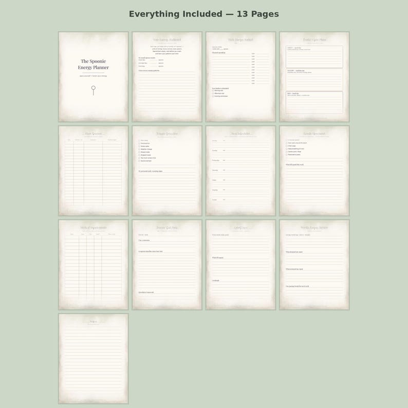May include: A digital planner set titled The Spoonie Energy Planner, consisting of 13 individual pages with a parchment-style background. Each page features black text, lined sections, checkboxes, and headers for tracking daily energy levels and health information.