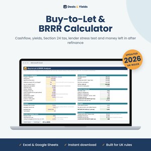 May include: A digital Buy-to-Let and BRRR calculator displayed on a laptop screen. The spreadsheet interface features columns for property purchase, finance, and cash flow analysis, with an orange badge indicating updated 2026 UK rules.