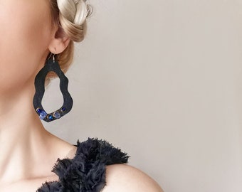Leather Wavy Hoop Earrings in Black Irregular Earrings Huge Geometric Cubist Jewelry with Blue Beads Dangles