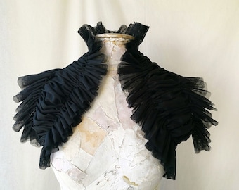 Multipurpose black tulle ruffle Bolero - Wide Sash - Elizabethan costume - Tulle shoulder collar - Shawl -  Renaissance festival costume