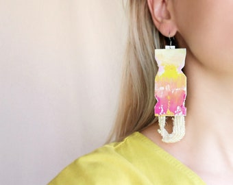 Oversize painted paper earrings in white yellow and pink, Sunny trendy earrings, Huge artsy earrings, Ivory bead earrings, Plus size dangles