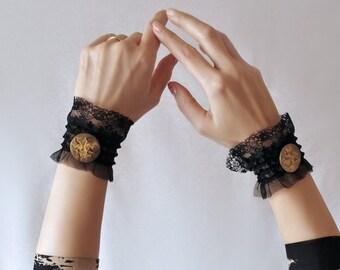 Black Lace Cuffs with Bronze Buttons Wrist Cuffs Victorian Mourning Fashion Gothic Festival Costume Victorian Fair Prop History Lover Gift