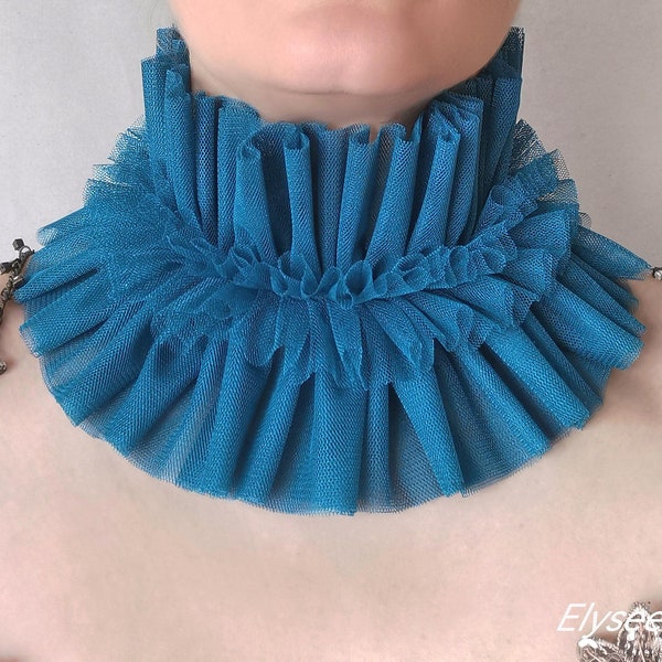 Collar Ruffle Tulle Clown Costume Blue Teal High Collar Circus Performance Neckpiece Historical Tudor Gift Idea for Artist Photoshoot Pose
