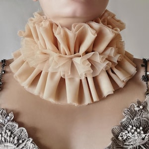 Beige clown tulle ruffle collar, Renaissance Elizabethan collar costume, Tudor era, Wide neck ruff, Fabric layered collar, Fashion collar