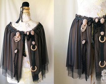 Gothic Bustle Skirt Cape Black Tulle and Leather Shrug with Roses Long Cape for Photoshoot Pictorial or Themes Party Goth Adjustable Skirt