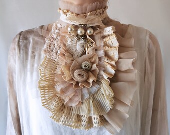 Victorian Ruffled Jabot in Beige Nude Silk and Lace Neckpiece with Pearls and Roses Belle Epoque Costume Necklace Edwardian Photoshoot Prop