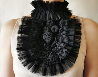 Victorian Gothic Jabot Black Tulle Ruffle Collar Roses Body Accessory Black Swan Costume Photoshoot Jabot for Party or Historical Festivals