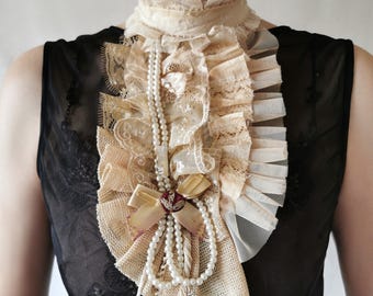 Victorian Lace Ruffle Jabot in Beige with Pearls and Rococo Bow Collar Georgian Costume Bridal Bib Necklace Baroque Epoch Prop Theater