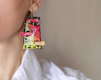 Huge Paper Earrings Abstract Painting Neon Pink Big Earrings Neon Yellow Dangle Earrings Funky Art Jewelry Dare to Wear Quirky Earrings