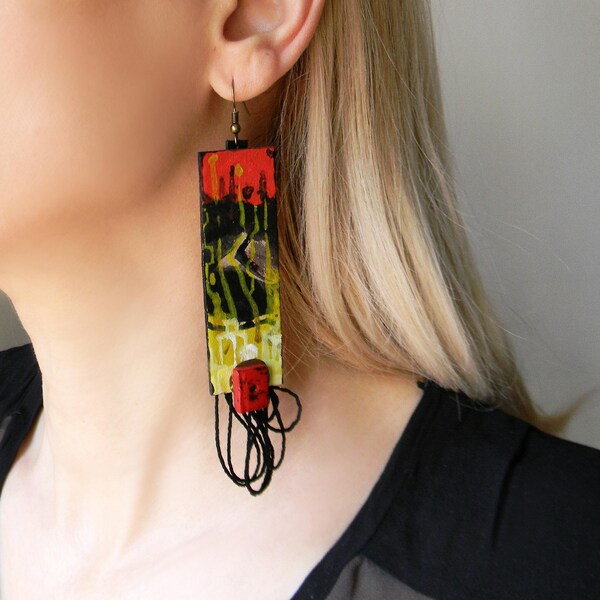 Extra long abstract paper earrings with black yarn and beads in red and black Hand painted huge earrings Contemporary artsy dangle earrings