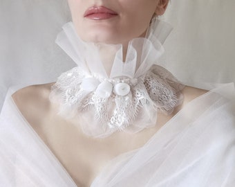 Bride Collar Tulle and Lace in White Ivory Wide Choker Victorian Wedding Bridal Neck Ruff Roses and Pearls Accessory Gift for Bride Shower