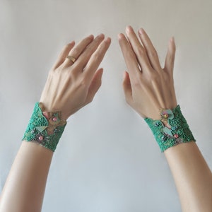 Green Lace Wrist Cuffs: Whimsical Fabric Bracelet, Fairy Cosplay Jewelry