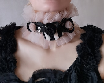 Tulle Ruffle Collar in Nude and Black Roses Victorian Gothic Costume Stripe Choker Gothic Wedding Steampunk Bride Cosplay Festival Prop Fair