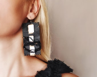 Oversize rectangle black leather earrings with cotton yarn, beads and wood, Huge chunky leather earrings, Quirky thread and beads dangles,