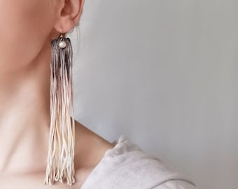 Extra long gradient silk fringe earrings with gray howlite, ombre hand dyed earrings, brown and beige Boho earrings, Huge fringe earrings