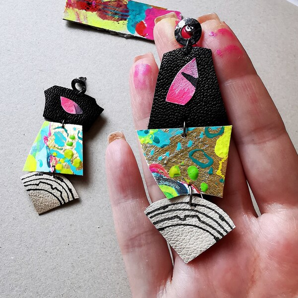 Hand painted Earrings Leather and Paper Huge Earrings Abstract Colorful Earrings Artistic Fashion Earrings Big Dangles Funky Gift for Artist
