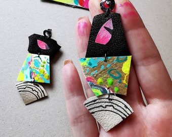 Hand painted Earrings Leather and Paper Huge Earrings Abstract Colorful Earrings Artistic Fashion Earrings Big Dangles Funky Gift for Artist