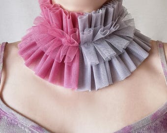 Tulle Ruffle Collar in Dusty Pink & Gray Clown Neck Ruff Jester Costume Elizabethan Neckpiece Festival Renfair Cosplay